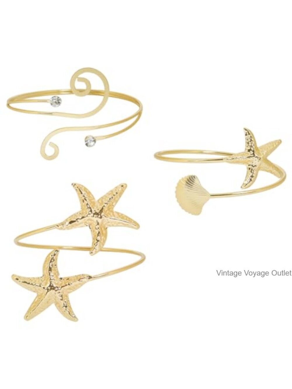 3 Pc Arm Cuff Bracelet Set Adjustable Gold Tone Boho Starfish Floral Wire